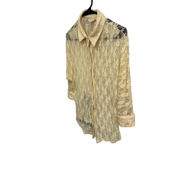 Belle Du Jour Sheer Butter Yellow Lace Button-Down Blouse Womens Sz Small - Picture 3 of 10